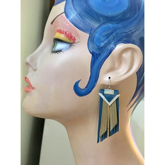 Western  Fringe Dark turquoise dark gold boho leather fringe statement earrings - Picture 10 of 10